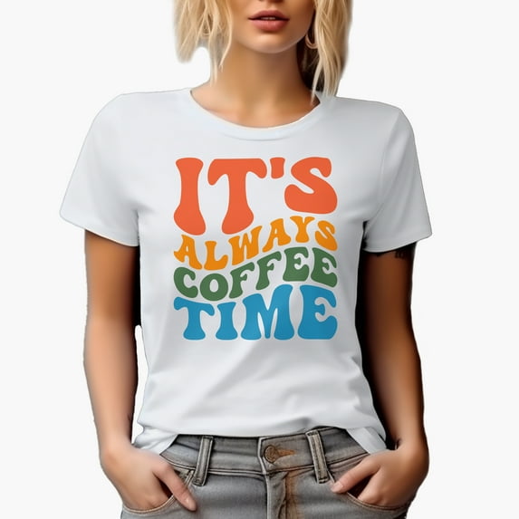 It's Always Coffee Time, Groovy Retro Wavy Text Merch Gift, White T-Shirt, XL