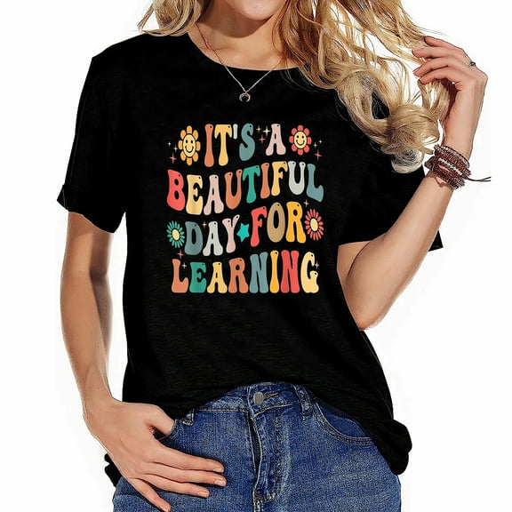 It's Beautiful Day For Learning Retro Teacher Stud Women's Graphic Tees - Casual and Cute Short Sleeve Shirt with Original Artwork