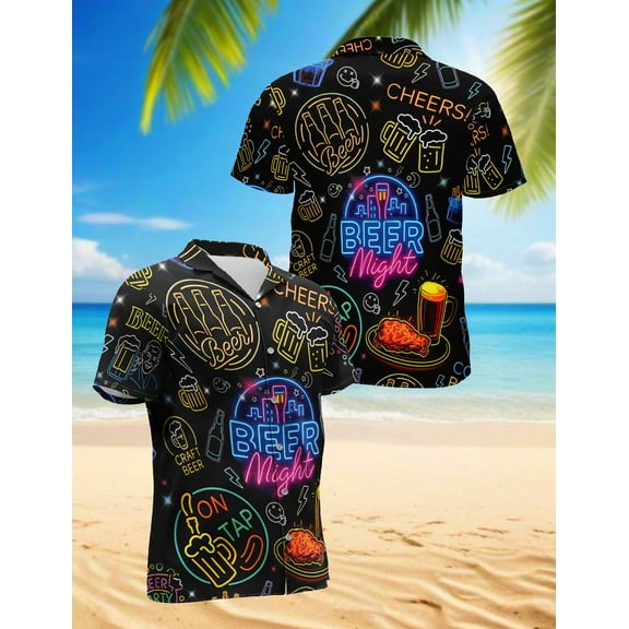 It's Beer Night Neon Hawaiian Shirt for Men, Button Down Summer Beach Short Sleeve, S-5XL