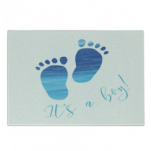 It`s a Boy Cutting Board, Gender Reveal Concept Illustration Footprints with Sea Inspired Design, Decorative Tempered Glass Cutting and Serving Board, Small Size, White Blue, by Ambesonne