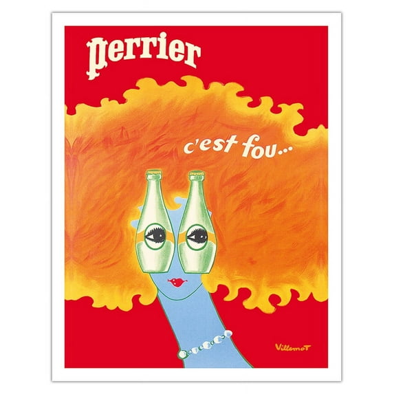 It’s Crazy (C’est Fou) - Perrier Sparkling Water - Vintage Advertising Poster by Bernard Villemot c.1978 - Fine Art Matte Paper Print (Unframed) 11x14in