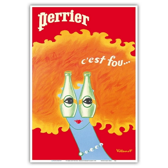 It’s Crazy (C’est Fou) - Perrier Sparkling Water - Vintage Advertising Poster by Bernard Villemot c.1978 - Master Art Print (Unframed) 13in x 19in