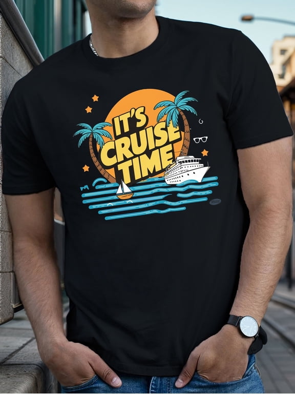 “It‘s Cruise Time” Nautical Print Casual Short Sleeve Crew Neck T-Shirt, Breathable Summer Top for Men