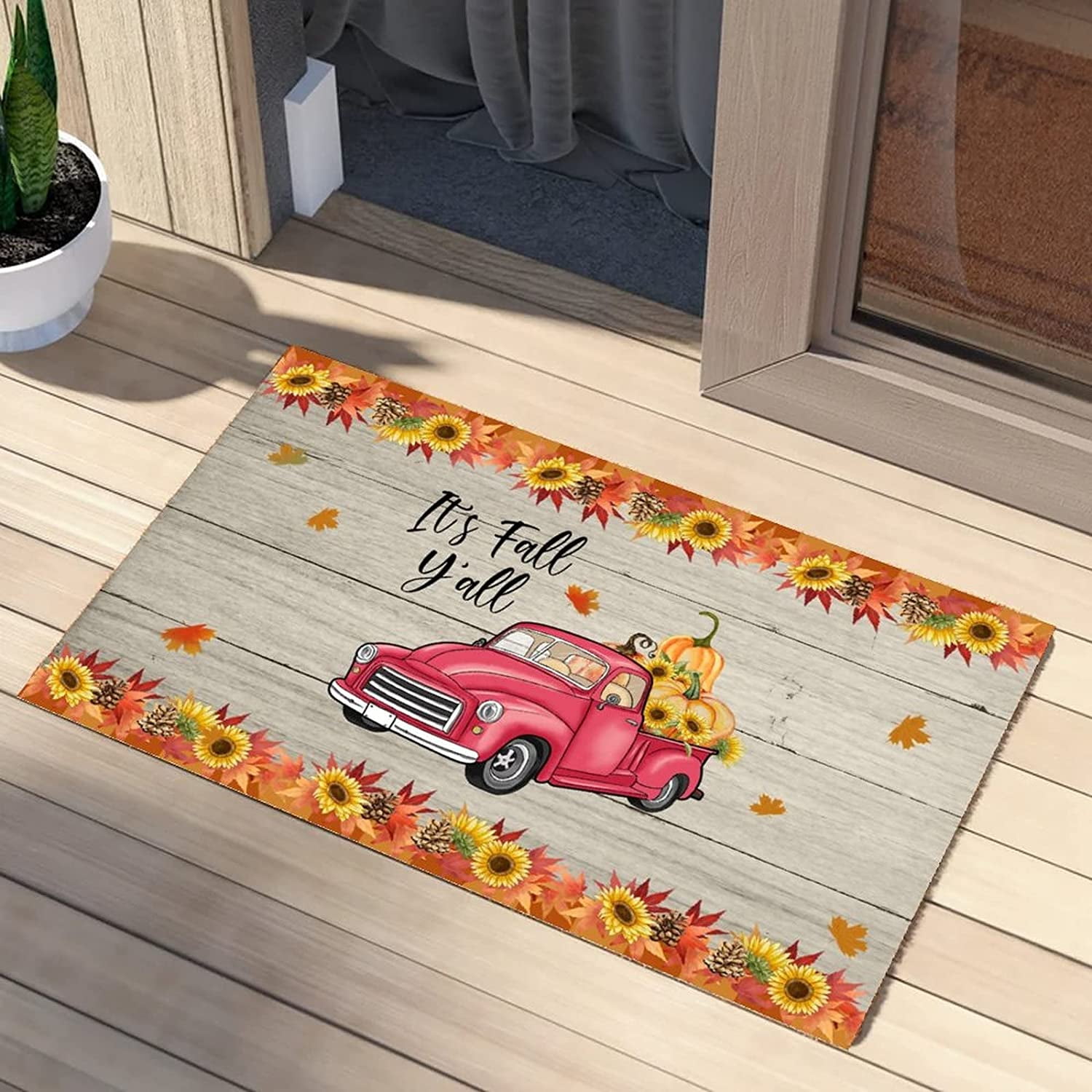 It's Fall Y'all Black White Buffalo Plaid Truck Sunflower Coconut Coir