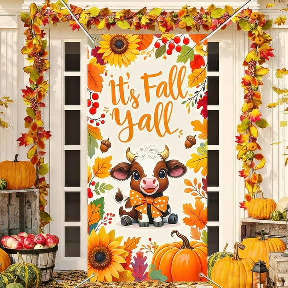 It’s Fall Y’all Door Cover Thanksgiving Backdrop Pumpkin Sunflower Baby Cow 71x35 Inch Cute Autumn Banner for Porch Wall Decor Fall Farm Party Photo Booth Props