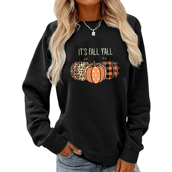 It's Fall Y'all Leopard Plaid Dot Pumpkin Sweatshirt Women's Halloween Long Sleeve Casual Pullover Tops