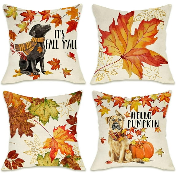 It''s Fall Y''all Maple Leaf Dog Decorative Throw Pillow Cover 16 x 16 Set of 4, Autumn Hello Pumpkin Porch Patio Outdoor Pillowcase, Harvest Seasonal Orange Sofa Couch Cushion Case Home Decor
