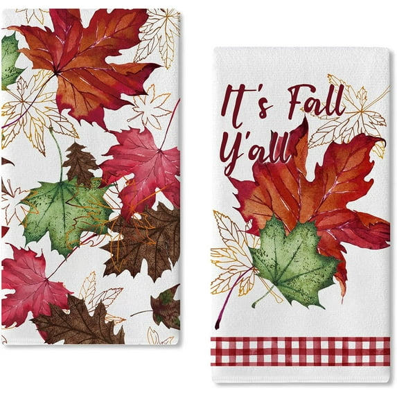 It''s Fall Y''all Maple Leaves Kitchen Dish Towels Set of 2, Autumn Plaid Hand Towels Drying Baking Cooking Cloth, Farmhouse Seasonal Home Kitchen Decor 18 x 26 Inch
