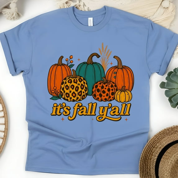 It’s Fall Y’all Pumpkin Graphic T-Shirt Leopard Print Autumn Tee, CarolinaBlue, Size XL