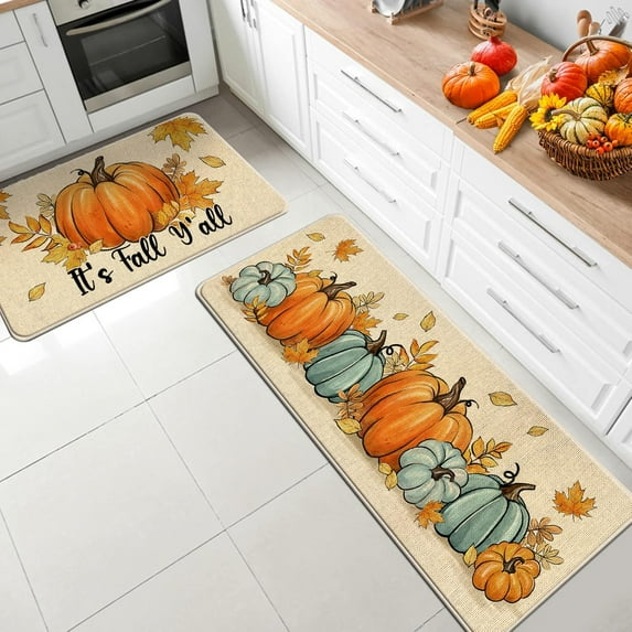 It''s Fall Y''all Pumpkin Patch Kitchen Rugs Set of 2, Autumn Maple Leaves Kitchen Mats Decor, Teal Farmhouse Thanksgiving Floor Door Mat Home Decorations - 17x30 and 17x47 Inch