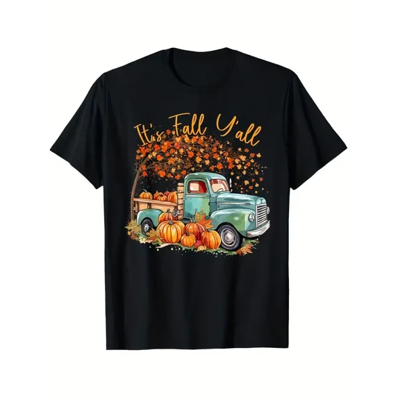 It’s Fall Y’all Pumpkin Truck Autumn Leaves Scenic Thanksgiving Unisex T-Shirt, for men & women, up to size 5XL