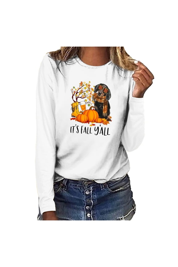 It's Fall Y'all Sweatshirts for Women Maple Tree Dog Pumpkin Print Crewneck Long Sleeve Casual Pullover Tops Blouses