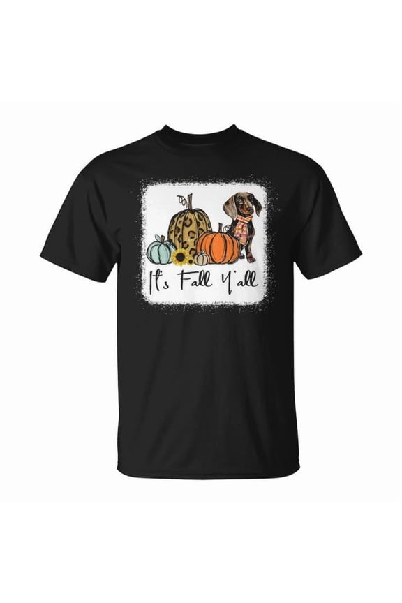 It’s Fall Y’all Yellow Dachshund Dog Graphic Tee Unisex Adult Cotton Casual Autumn Pumpkin Leopard Print T-Shirt for Dog Lovers, Size 2XL, Color Black