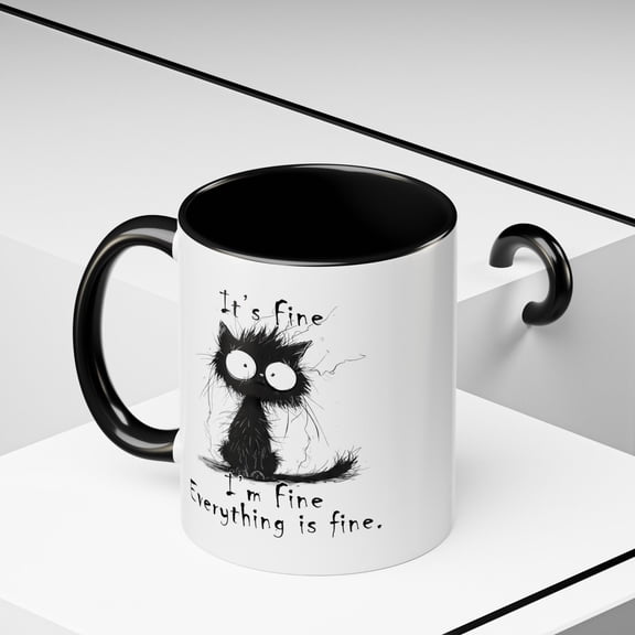 It’s Fine I’m Fine Everything Is Fine Mug Scruffy Black Cat Cartoon Sarcastic Humor Coffee Cup Gift Idea Ceramic Mug 11oz