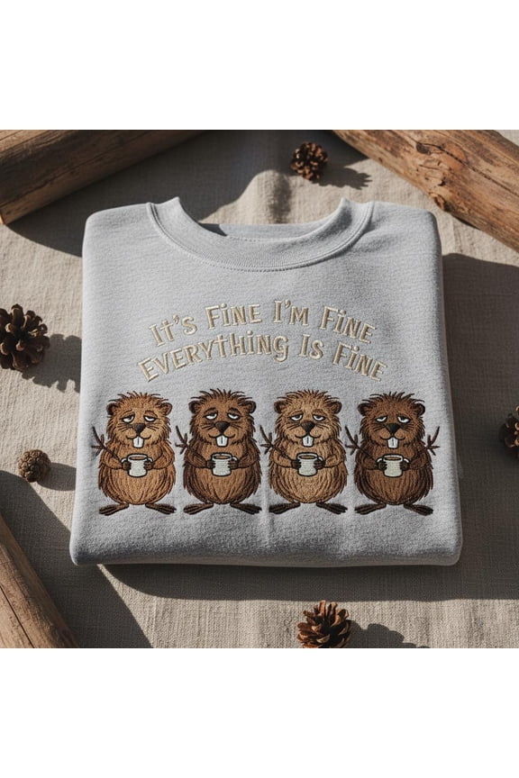 It's Fine I'm Fine embroidered hoodie, Funny Beaver Meme Crewneck, Cute Coffee Lover Sweater, Everything Is Fine Relatable Gift