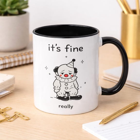 It’s Fine Really Sad Clown Mug Minimalist Dark Humor Coffee Cup Sarcastic Quote Office Gift Idea Ceramic Mug 11oz