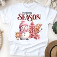 thumbnail image 1 of It’s Freezing Season T-Shirt | Cute Snowman and Pink Tree Holiday Tee, White, Size S, 1 of 6