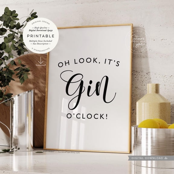 It's Gin O'clock Print Wall Art Alcohol Quote Kitchen Decor Print