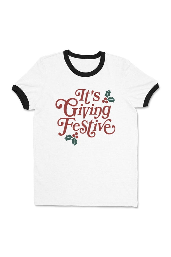 It's Giving Festive Ringer Tee Shirt Unisex X-Large White/Black
