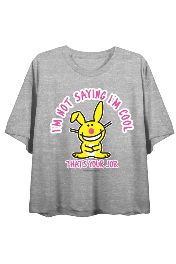 It's Happy Bunny Cool Bunny Crew Neck Short Sleeve Gray Heather Women's Crop Top
-Small