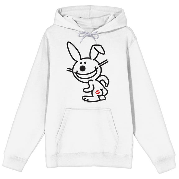 It's Happy Bunny Kiss Mark Adult White Long Sleeve Hooded Sweatshirt -Medium