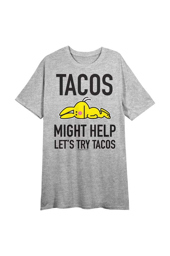 It's Happy Bunny Tacos Might Help Crew Neck Short Sleeve Gray Heather Women's Night Shirt-Medium