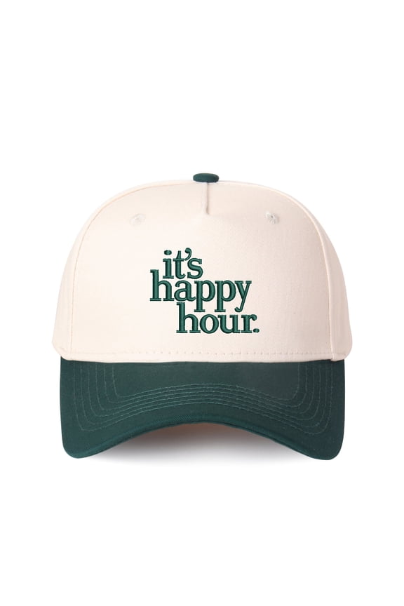 "It's Happy Hour" Letter Embroidered Patchwork Trucker Hat | Adjustable Unisex Snapback, Cocktail Party Essential Casual Cap