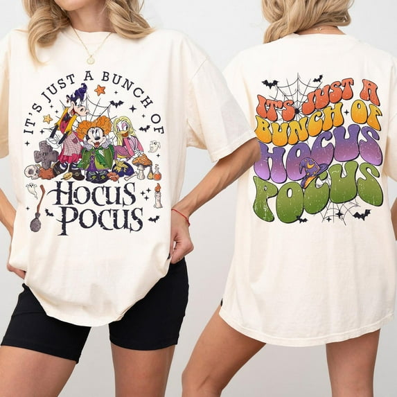It’s Just a Bunch of Hocus Pocus Halloween T-Shirt, Mickey Minnie Halloween Tee, Sanderson Sisters Parody Shirt, Disney Halloween 2025 Shirt,Ivory Color,Size L