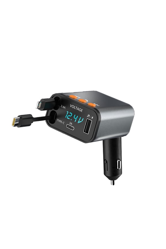 IJS 4 in 1 Retractable Car Charger with Built-In FM Transmitter, 2 Retractable Cables, USB-C USB-A Ports, PD 30W Charging with Music Streaming, Compatible with Apple, Samsung & Pixel Phones