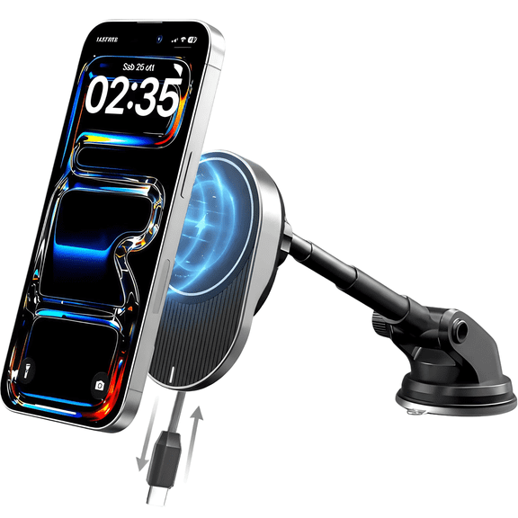 IJS Magnetic Wireless Car Charger with Built-In Retractable Cord and Extendable Windshield Dashboard Phone Mount, MagSafe Compatible, 15W