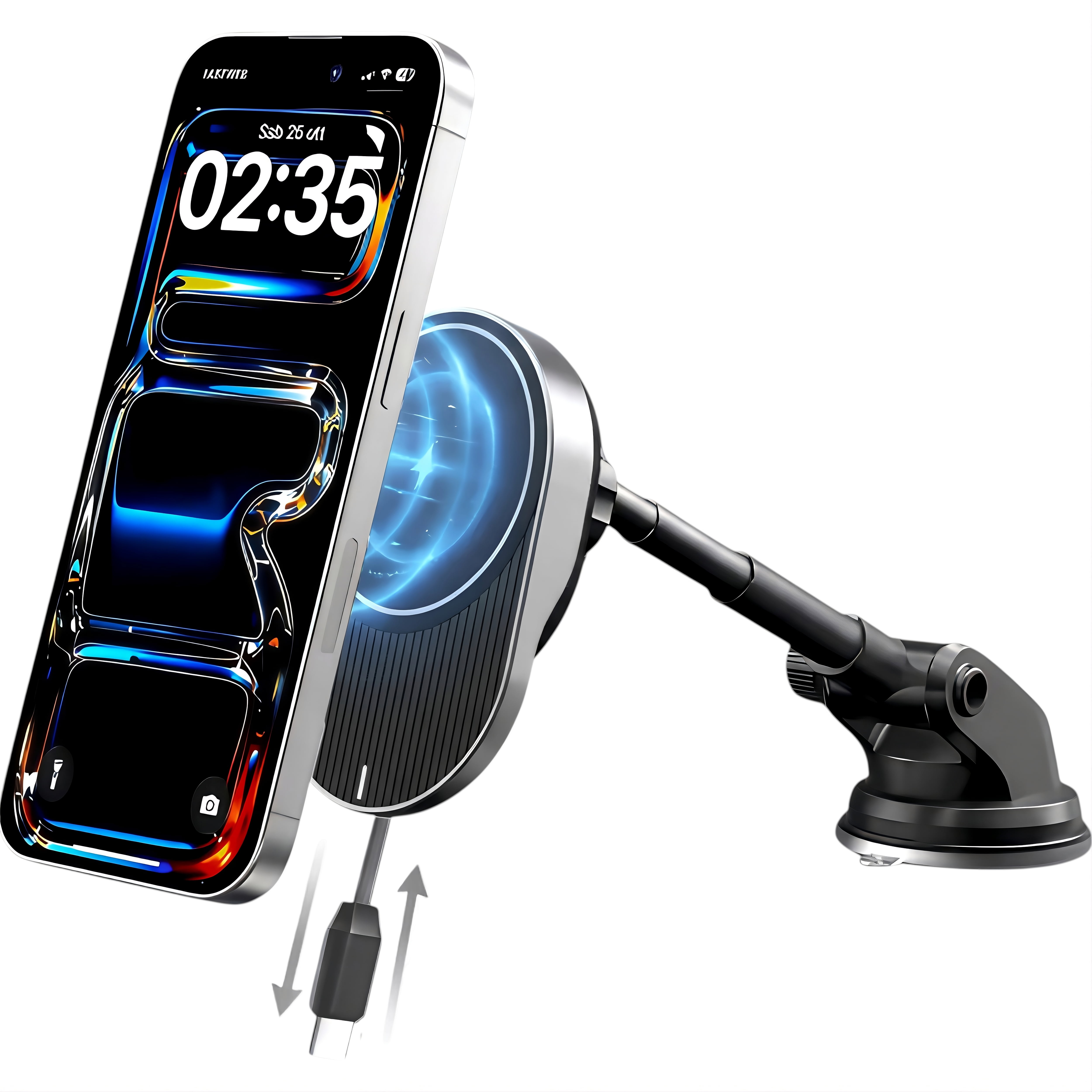 IJS Magnetic Wireless Car Charger with Built-in Retractable Cord and Extendable Windshield Dashboard Phone Mount, MagSafe Compatible, 15W