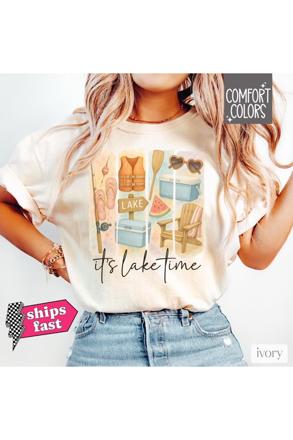 It’s Lake Time Shirt, Lake House Watercolor Brushstroke Fishing Pole, Life Vest, Cooler, Paddle – Cute Summer Lake Life Tee