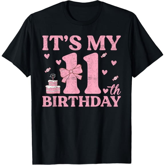 It's My 11th Birthday Aesthetic Pink Bow Coquette Birthday T-ShirtMen and women, Black T-shirt, size: Extra large