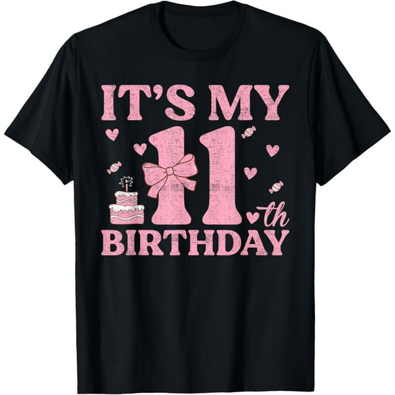 It's My 11th Birthday Aesthetic Pink Bow Coquette Birthday T-ShirtMen and women, Black T-shirt, size: Extra large