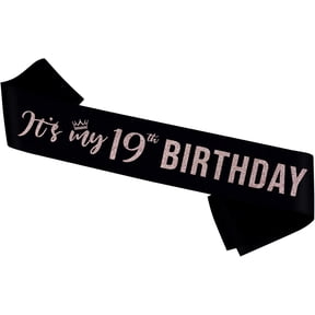It's My 19th Birthday Sash, Black Satin with Rose Gold Glitter Lettering for 19th Birthday Party, 1 Pack