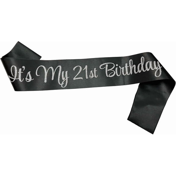 It's My 21st Birthday Sash, Black Satin Sash with Silver Glitter Lettering for 21st Birthday Celebration, 1 Pack