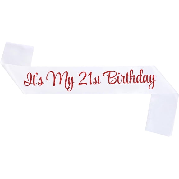 It's My 21st Birthday Sash, White Satin Sash with Red Glitter Lettering for 21st Birthday Party, Photo Prop, 1 Pack