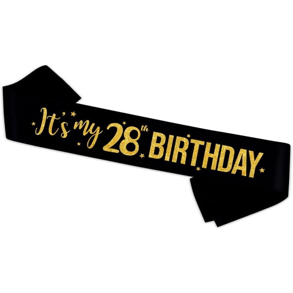 It's My 28th Birthday Sash, Black Satin with Gold Glitter Lettering for 28th Birthday Party, 1 Pack