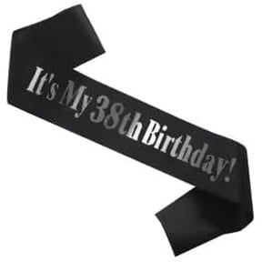 It's My 38th Birthday Sash, Black Satin Sash with Silver Foil Lettering for 38th Adult Birthday Party, Celebration Accessory, 1 Pack