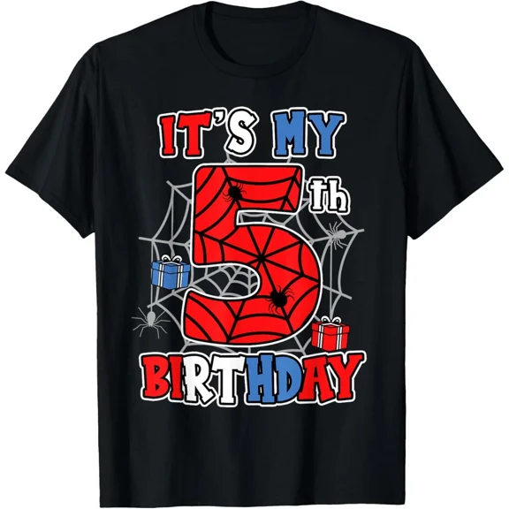 It's My 5th Birthday Spider Theme Party 5 Year Old Boys Kids T-Shirt Gift for Da
