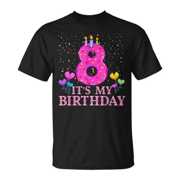 It’s My 8th Birthday Sweet Donut Tee Happy 8 Year Old Cotton T Shirt Kids Fit Fun Graphic Gift, Size 3XL, Color Black