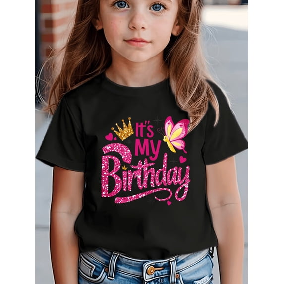 MAWOTEA It's My Birthday Crown Butterfly Print T Shirt For Kids Birthday Party, Size 5-12