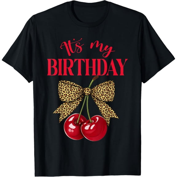 It's My Birthday Cute Cherry Leopard Coquette Bow Birthday T-Shirt