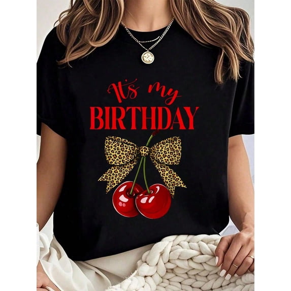 It's My Birthday Leopard Bow Cherry Print Graphic Tee Unisex Casual Summer Party Gift Cotton Men's Women's Tee Shirt
