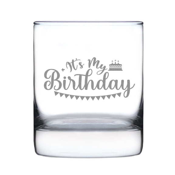 It's My Birthday Rocks Glass, Hand Engraved 10oz Whiskey Etched Celebration Tumbler, Unique Gift for Birthdays