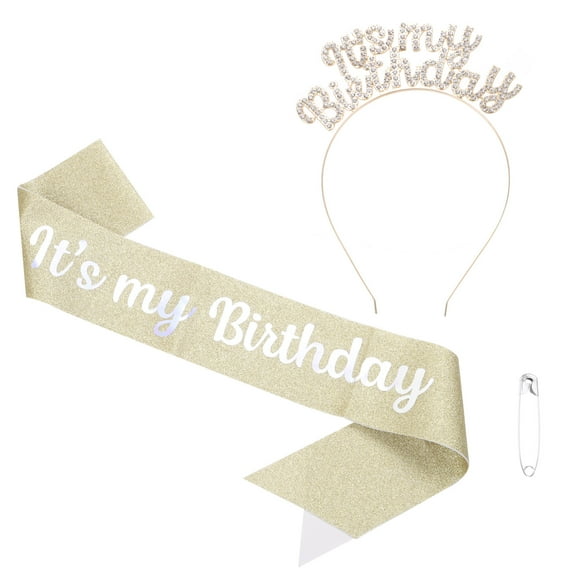 It's My Birthday Sash with Headband for Women Party Crown Decor Gold
