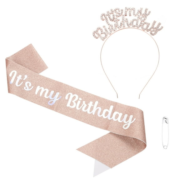 It's My Birthday Sash with Headband for Women Party Crown Decor Rose Gold