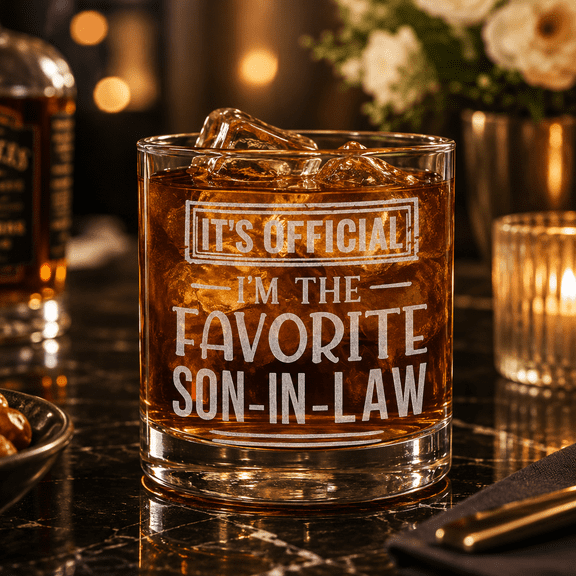 Its Official Im the Favorite Son-in-Law Engraved 11oz Whiskey Glass, Wedding Gift from In-Laws, Engagement or Valentines Day Present