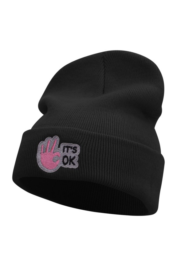 It's Ok Embroidered 12 Inch Long Knitted Beanie - Black OSFM