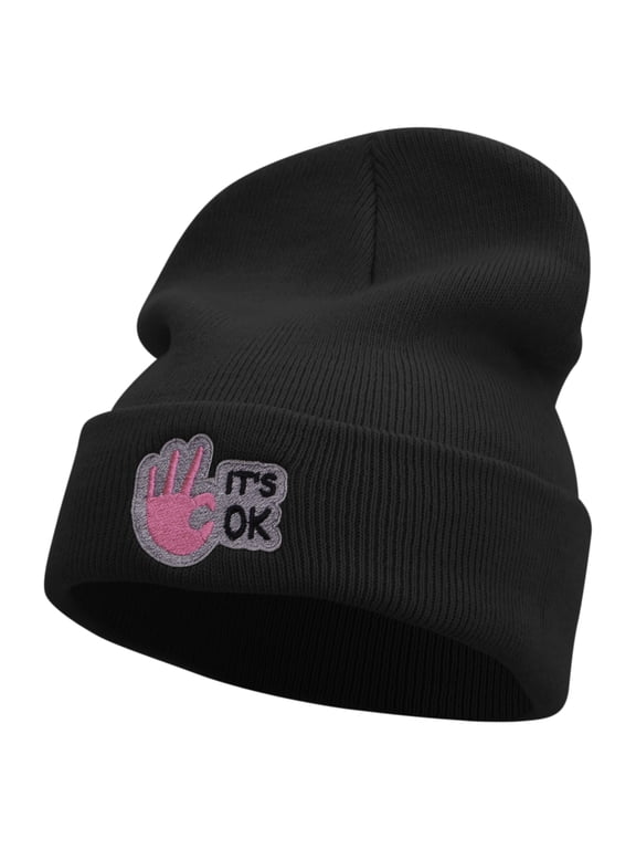It's Ok Embroidered 12 Inch Long Knitted Beanie - Black OSFM